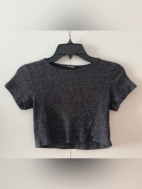 Popular Basics Navy Heather Ribbed Short Sleeve Crop Top